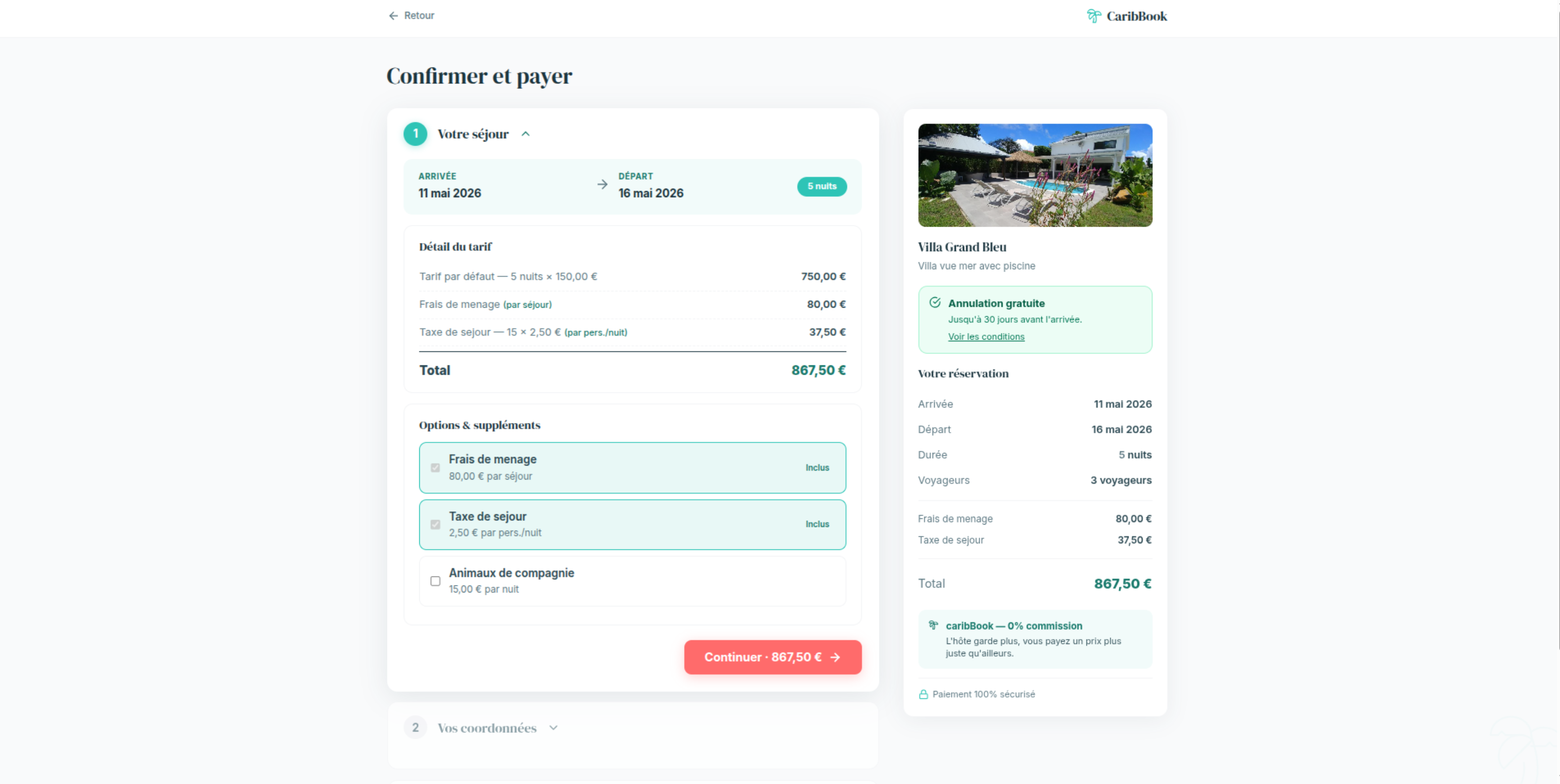 Checkout avec acompte maintenant et solde prélevé à l'arrivée