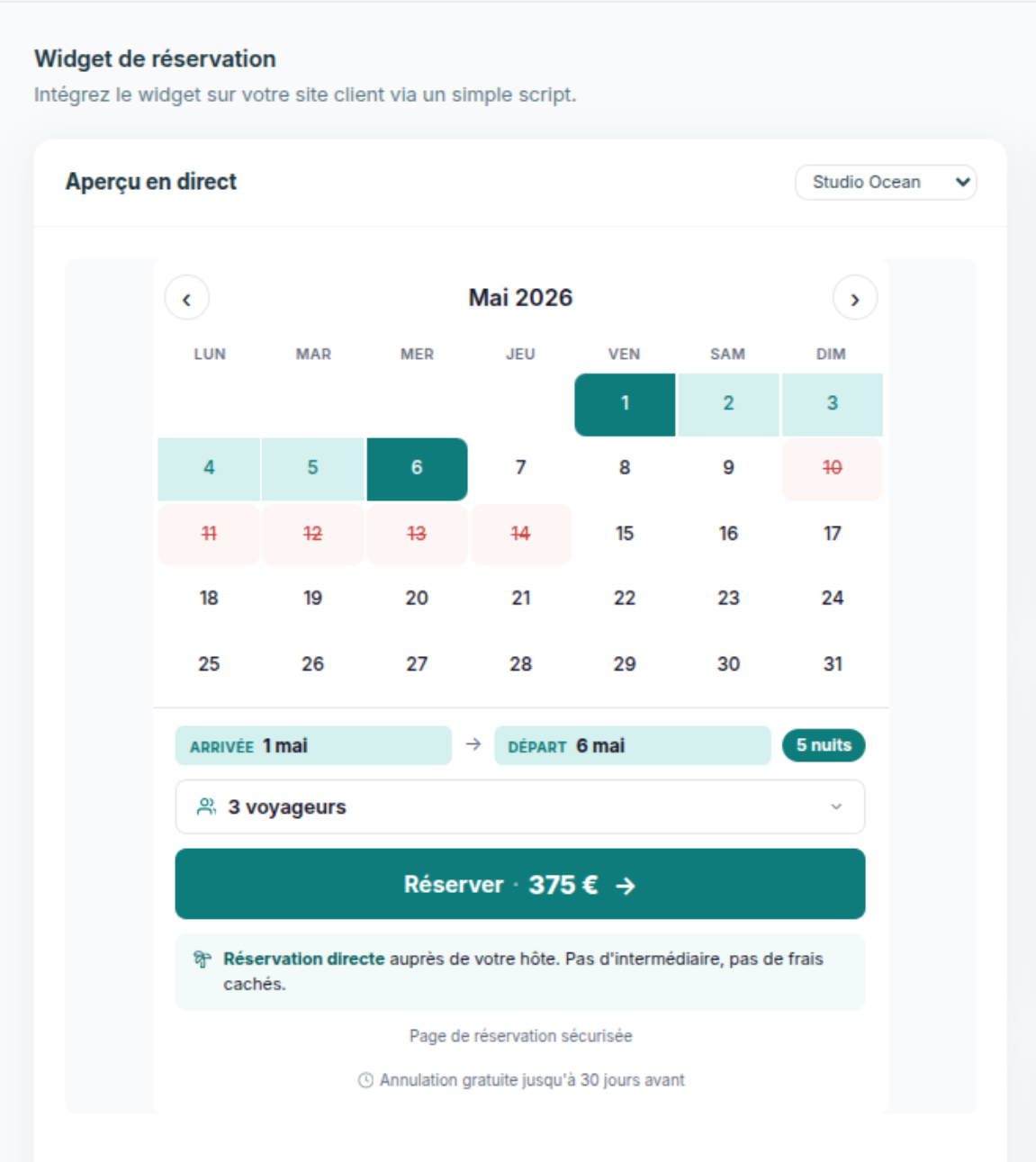 Widget de réservation caribBook — sélection de dates et calcul du prix en direct